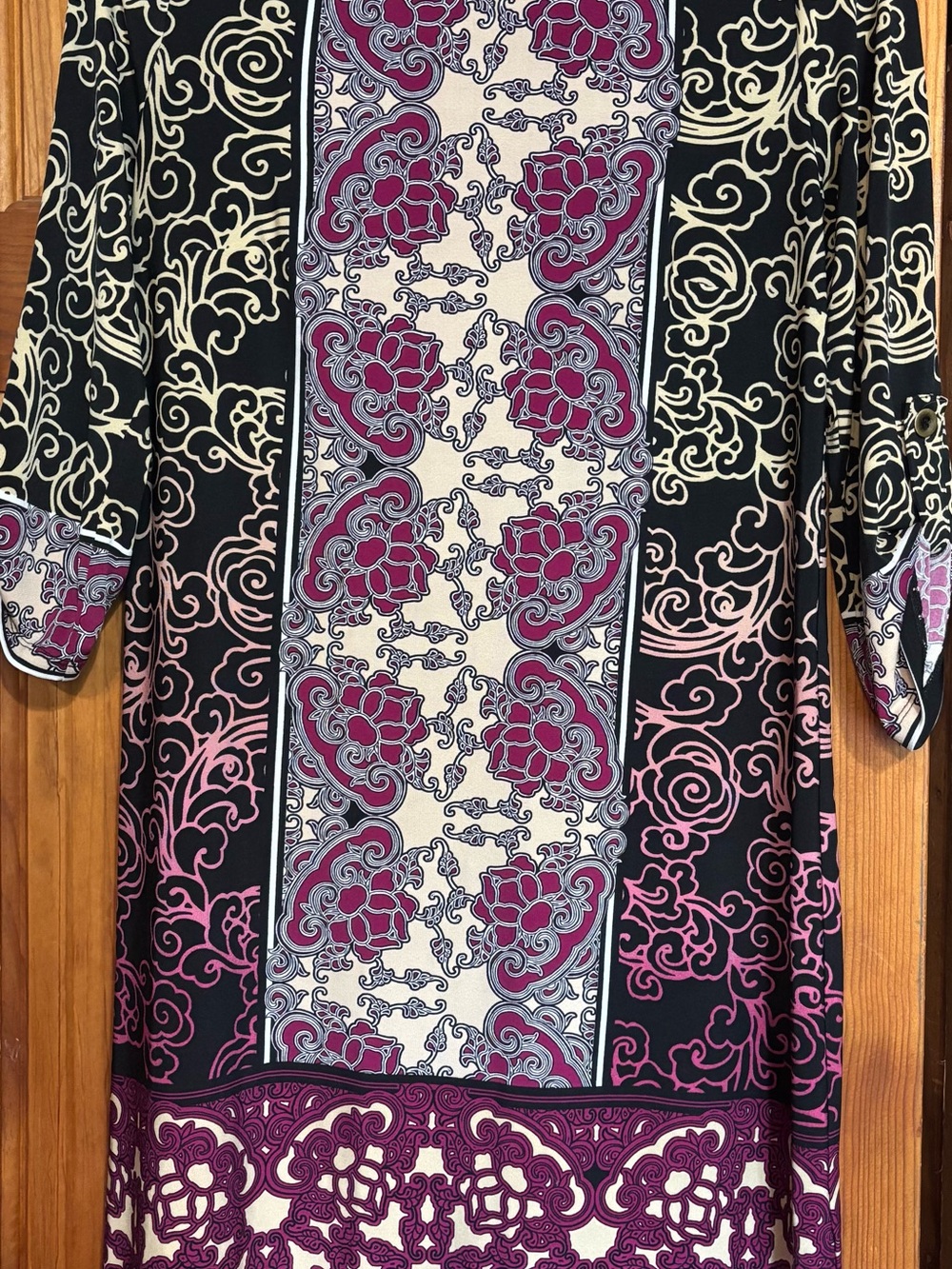 London Times Black Dress with Pink and Cream Floral Panel